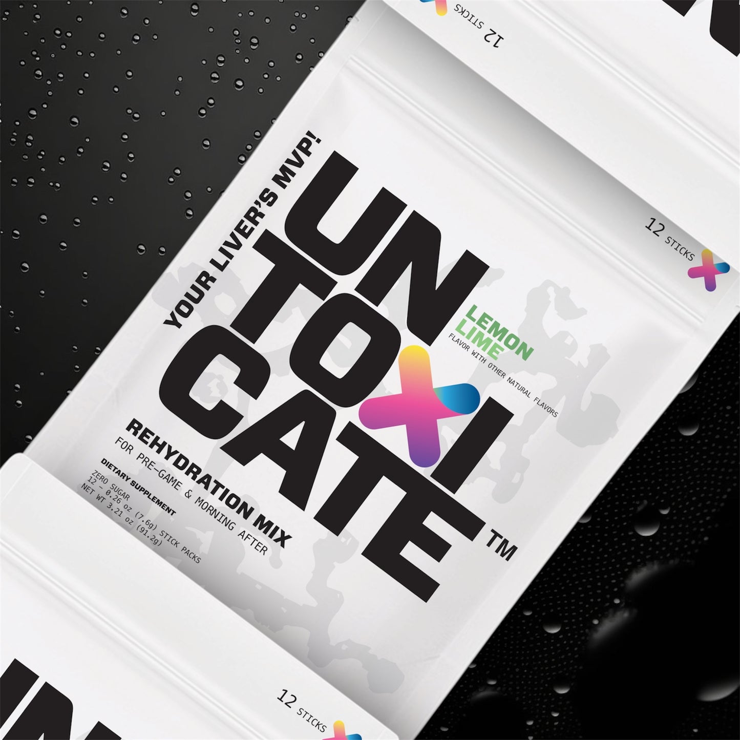 Untoxigate rehydration mix package on a black textured background