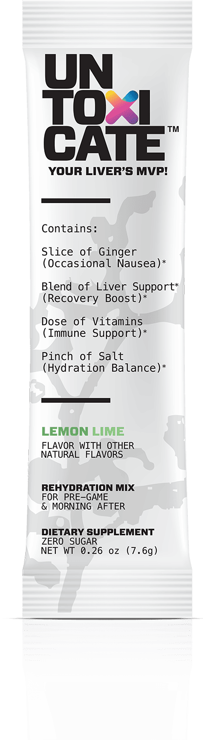 Untoxicate dietary supplement packet with lemon lime flavor on a white background